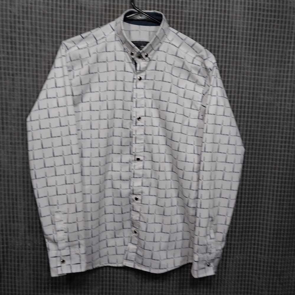 Bounty Mens Button Down Shirt Geometric Grid Double Collar XL White Navy
